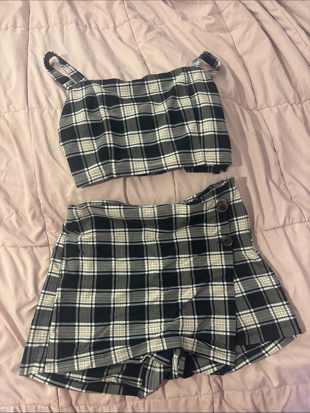 Black & White Plaid Two-Piece Crop Top and Skort Set